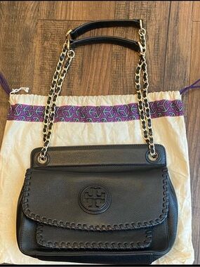Tory Burch Marion Black Leather Shoulder Bag with Gold Chain